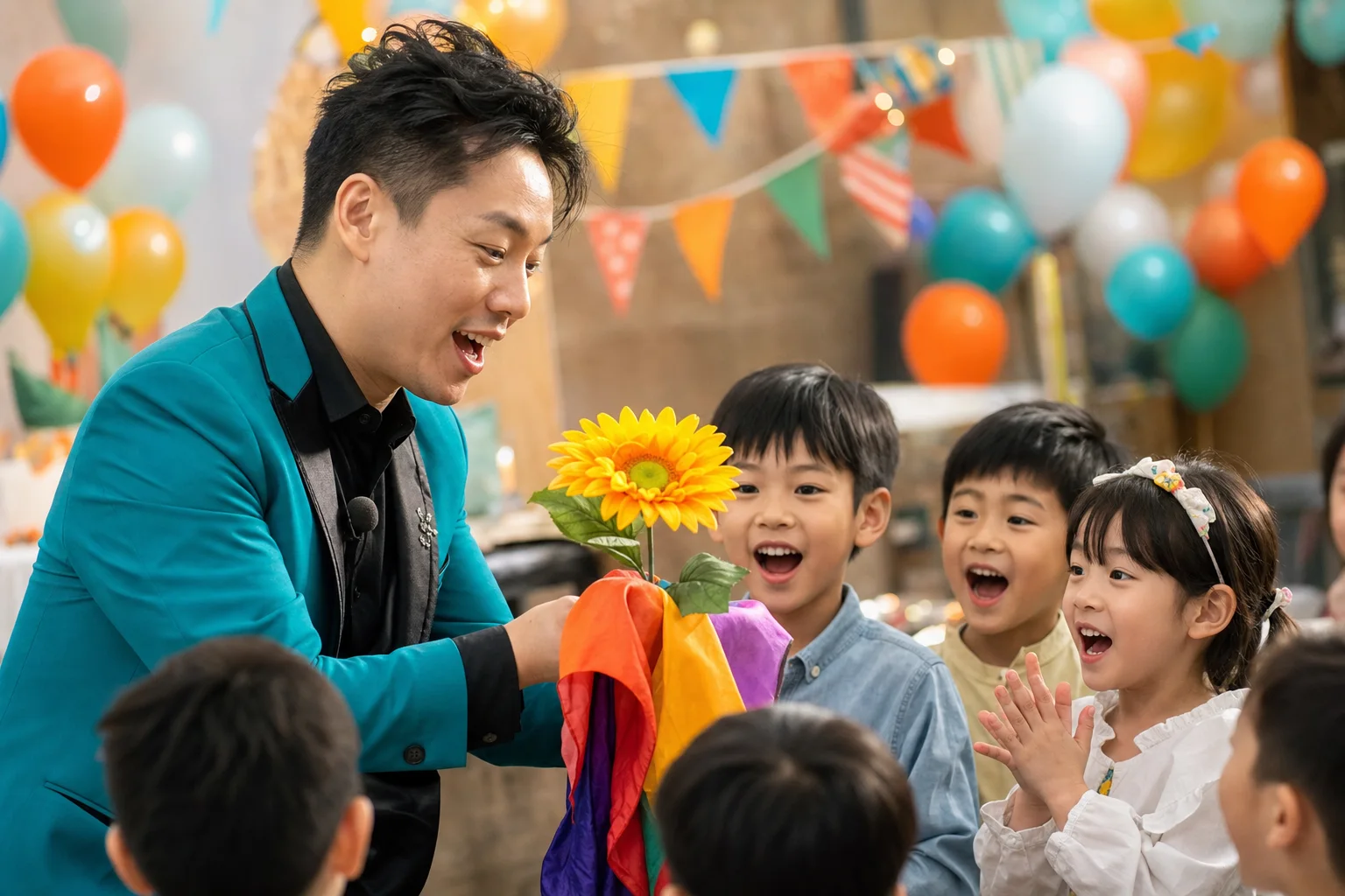 小朋友近距離觀看花朵魔術表演