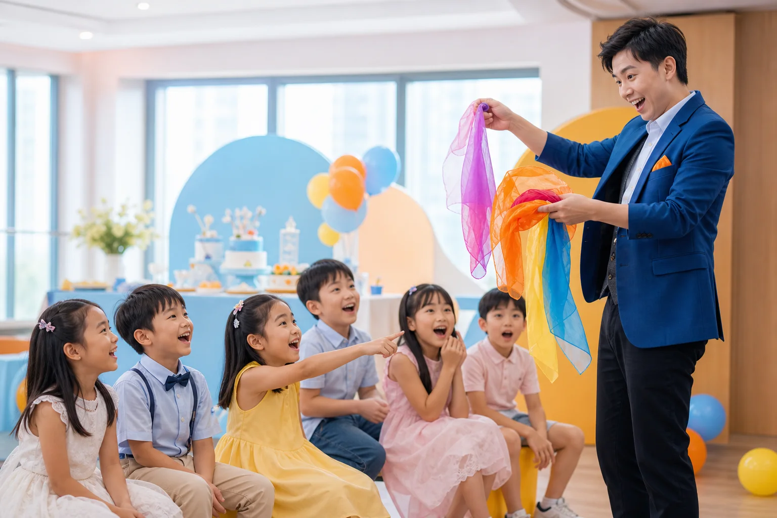 魔術師在小朋友生日會表演彩色絲巾魔術