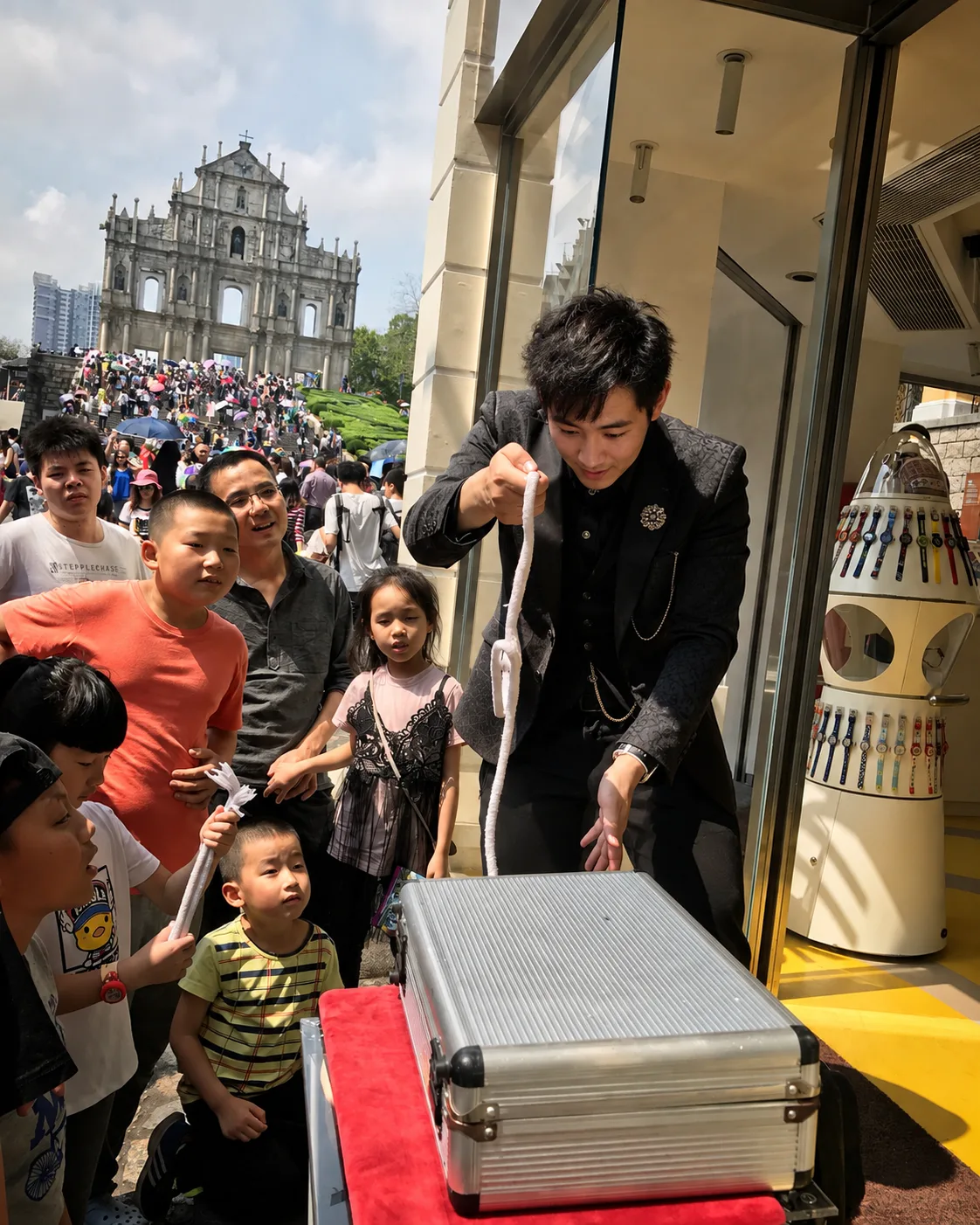 澳門大三巴地標前的繩索魔術表演
