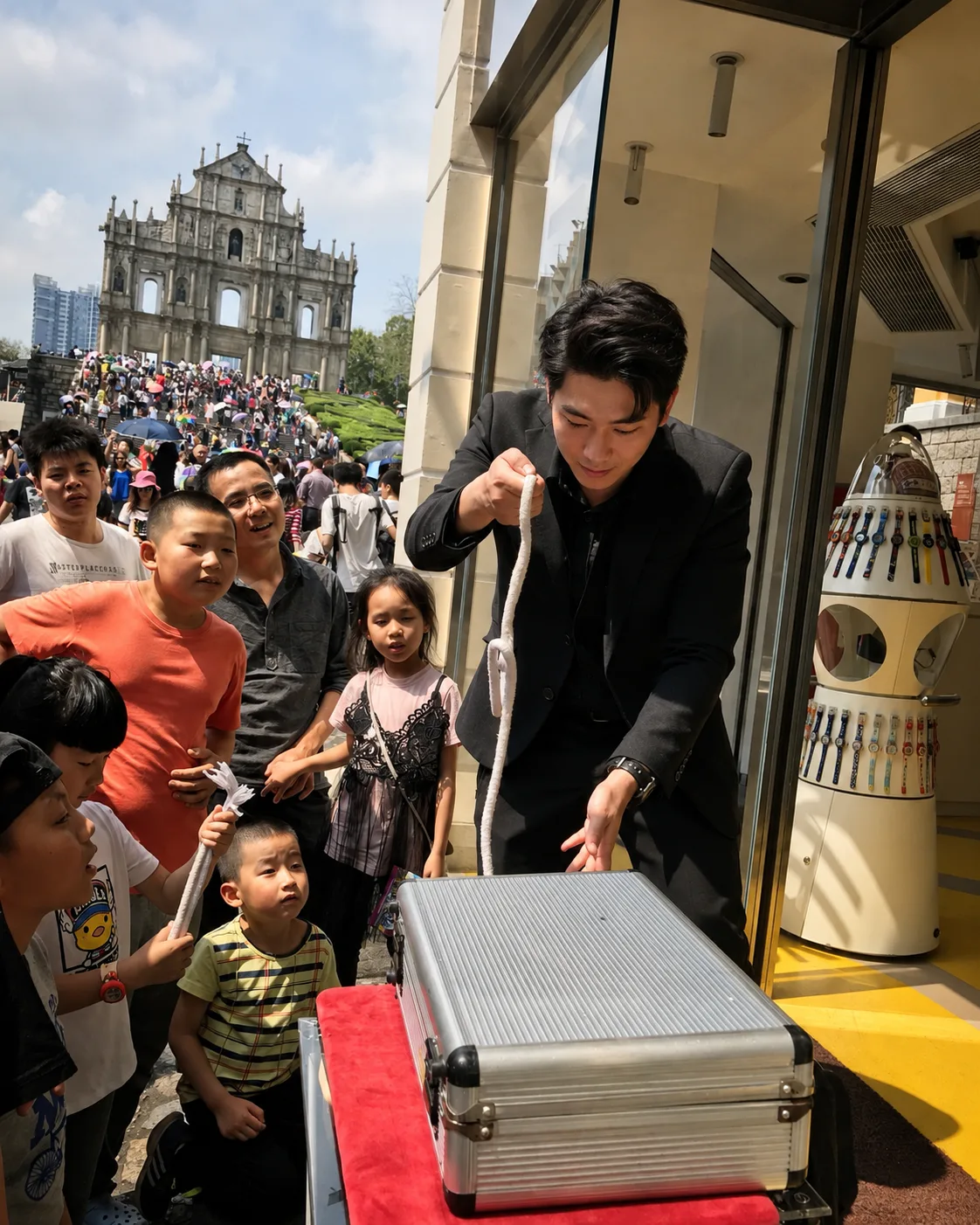 魔術師在澳門大三巴與小朋友表演繩索魔術
